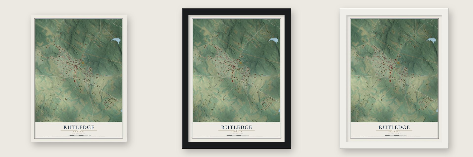 Rutledge, Georgia map unframed, in a black wood frame and in a white wood frame