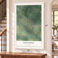 Rutledge, Georgia map, 24 x 36 inch print in a white frame by a staircase