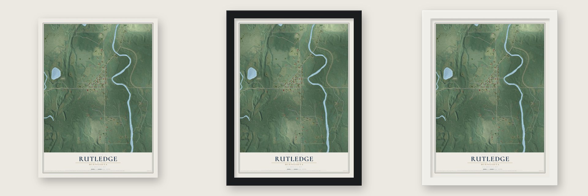 Rutledge, Minnesota map unframed, in a black wood frame and in a white wood frame