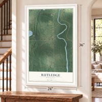 Rutledge, Minnesota map, 24 x 36 inch print in a white frame by a staircase