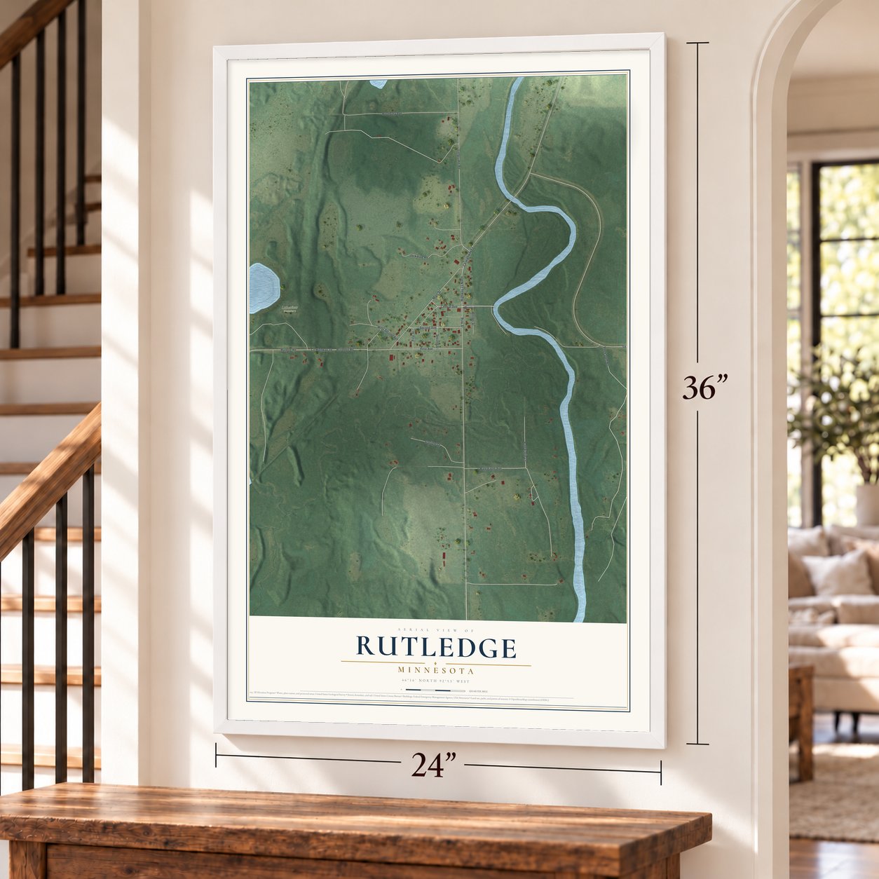 Rutledge, Minnesota map, 24 x 36 inch print in a white frame by a staircase