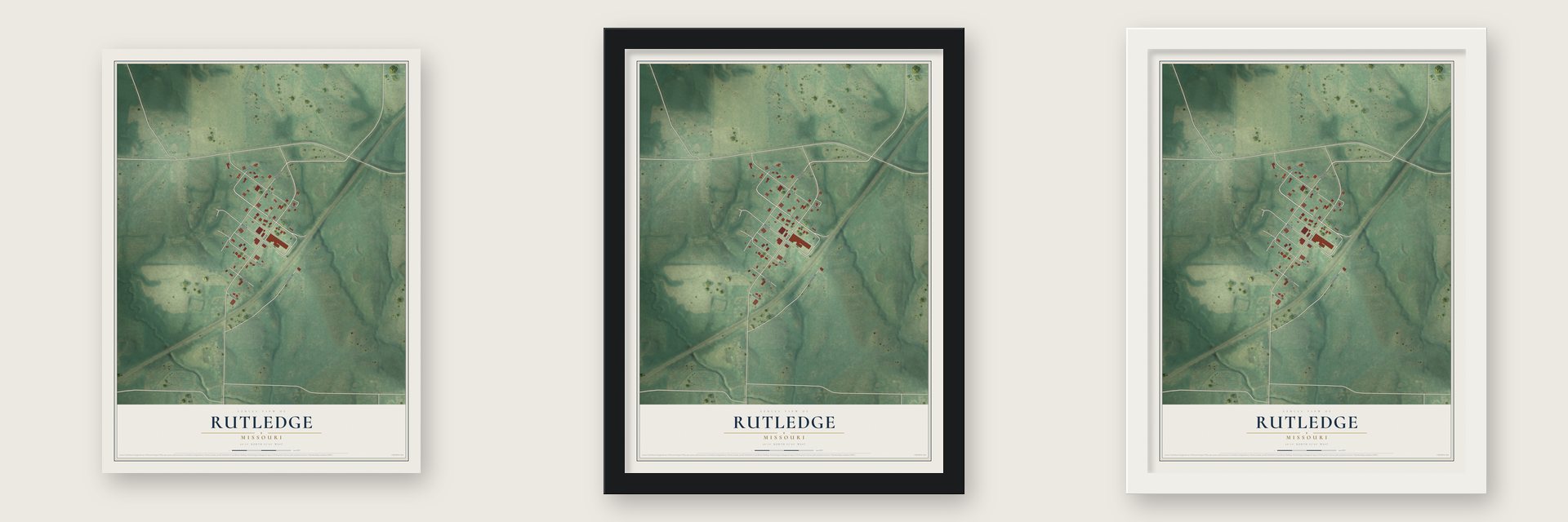 Rutledge, Missouri map unframed, in a black wood frame and in a white wood frame