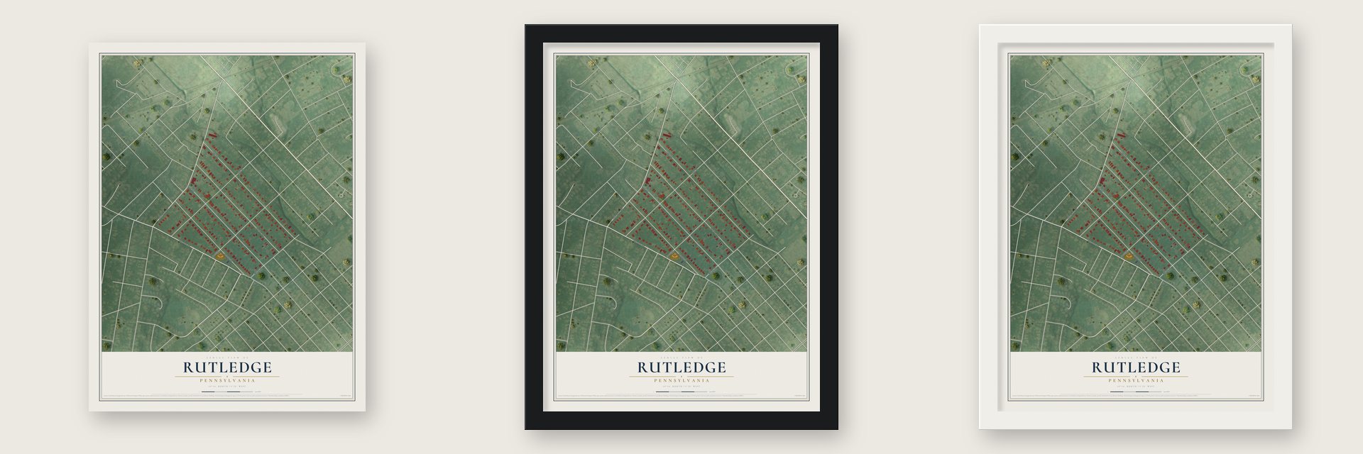 Rutledge, Pennsylvania map unframed, in a black wood frame and in a white wood frame