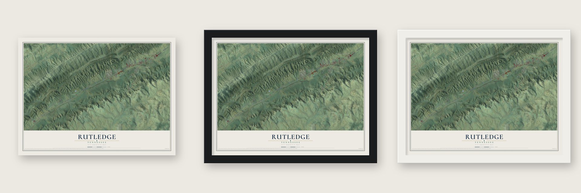 Rutledge, Tennessee map unframed, in a black wood frame and in a white wood frame