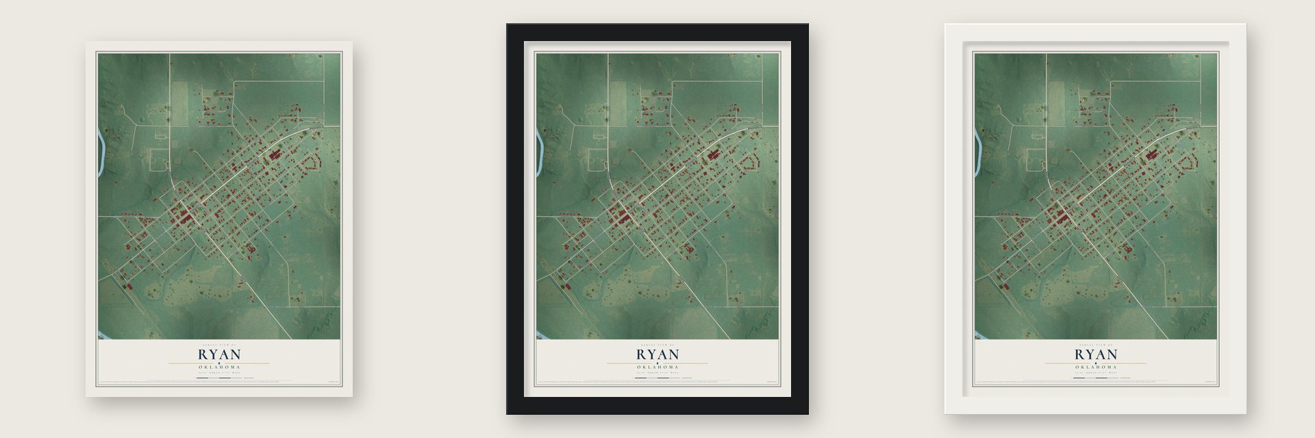 Ryan, Oklahoma map unframed, in a black wood frame and in a white wood frame
