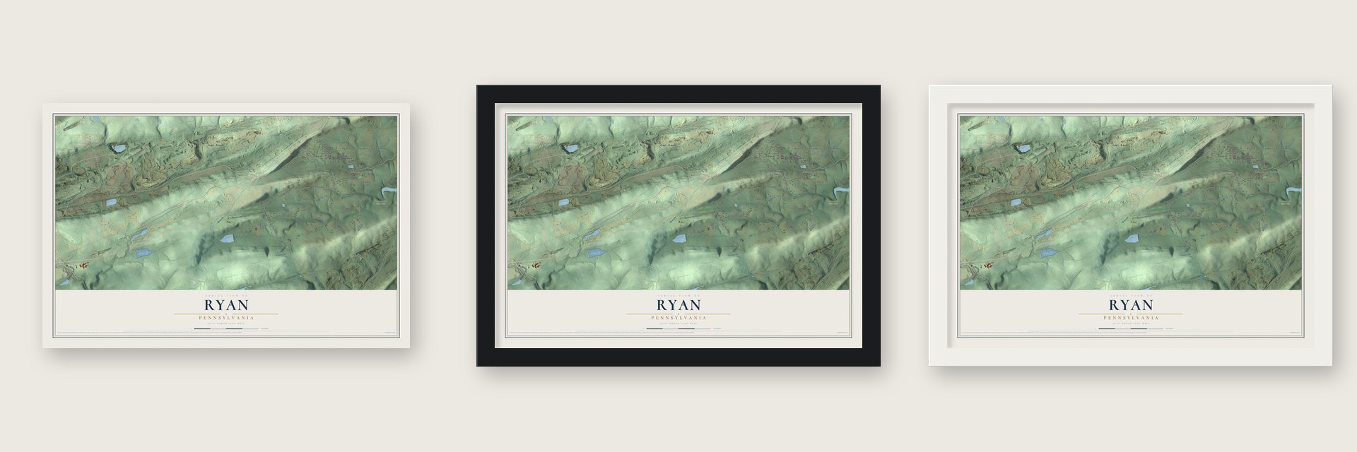 Ryan, Pennsylvania map unframed, in a black wood frame and in a white wood frame