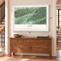 Ryan, Pennsylvania map, 24 x 36 inch print in a white frame above a dresser by a staircase