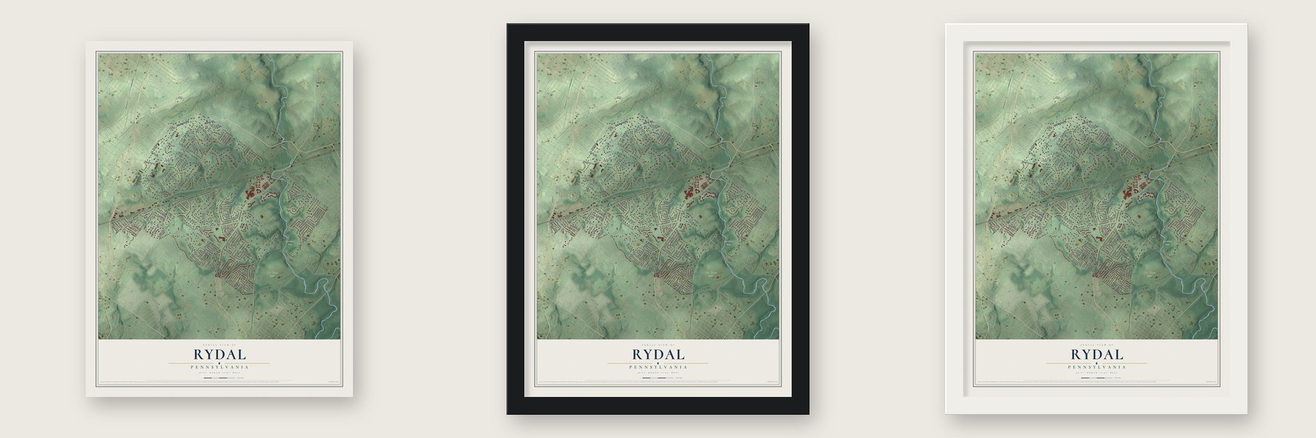 Rydal, Pennsylvania map unframed, in a black wood frame and in a white wood frame