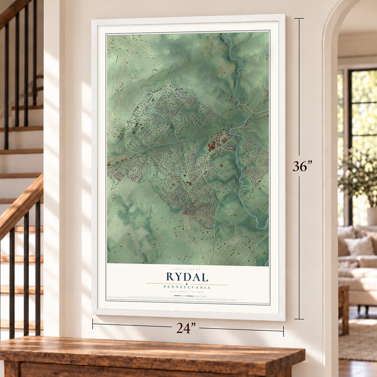 Rydal, Pennsylvania map, 24 x 36 inch print in a white frame by a staircase