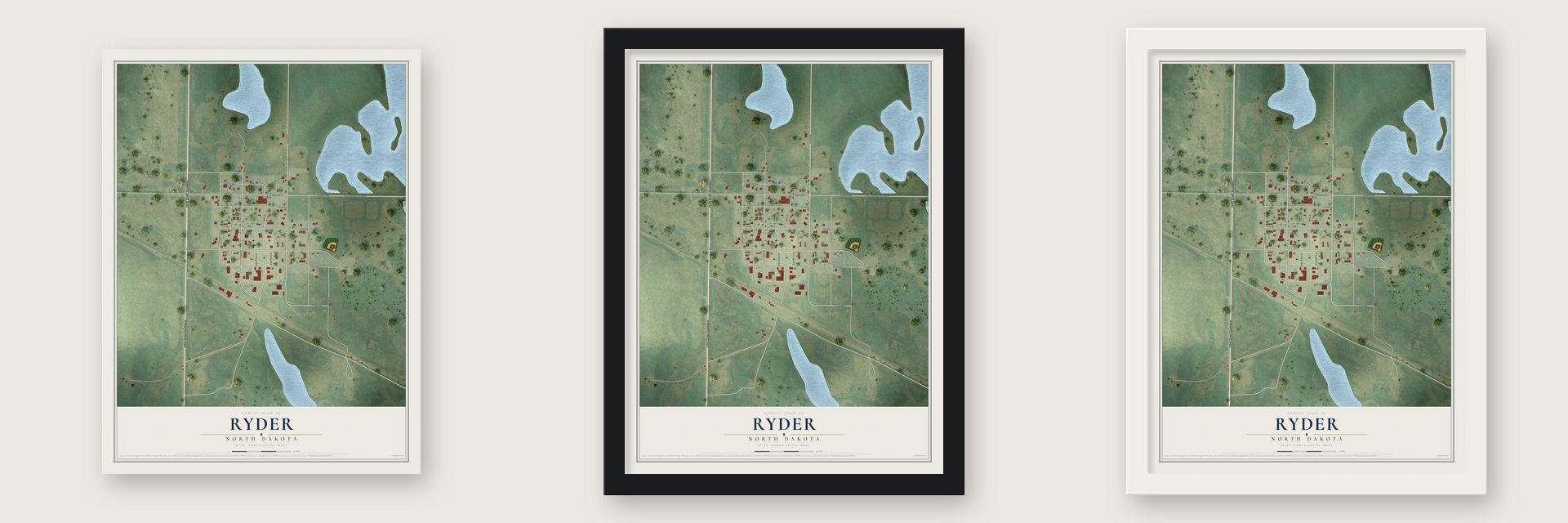 Ryder, North Dakota map unframed, in a black wood frame and in a white wood frame