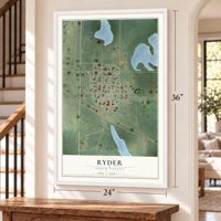 Ryder, North Dakota map, 24 x 36 inch print in a white frame by a staircase
