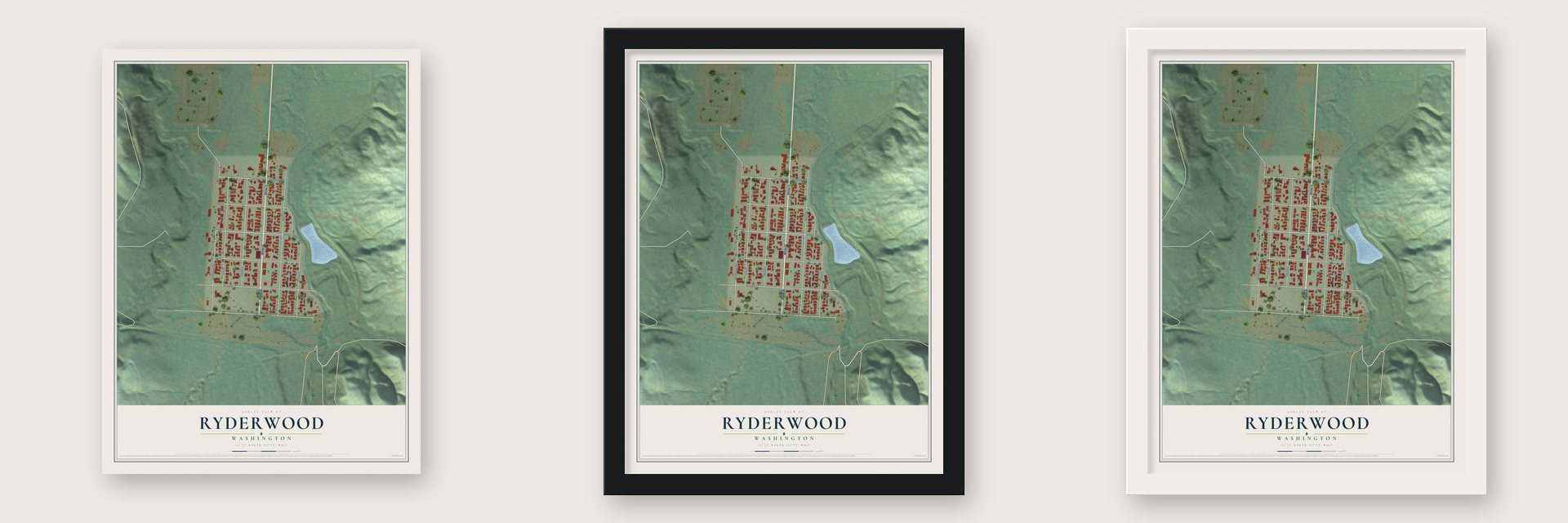 Ryderwood, Washington map unframed, in a black wood frame and in a white wood frame
