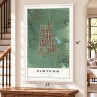 Ryderwood, Washington map, 24 x 36 inch print in a white frame by a staircase