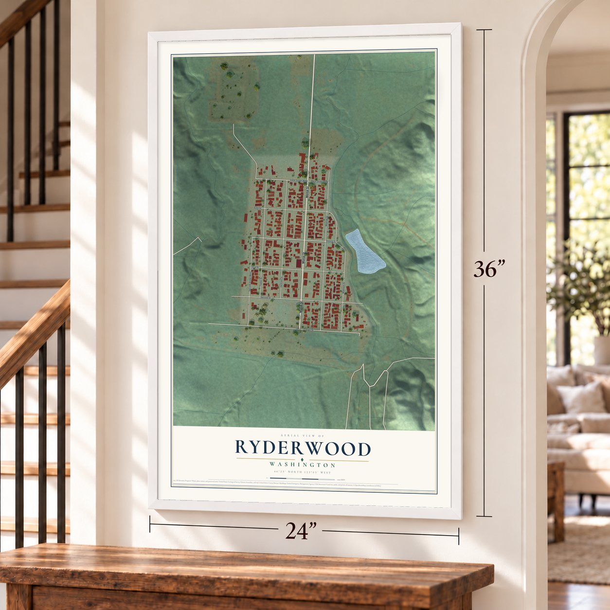 Ryderwood, Washington map, 24 x 36 inch print in a white frame by a staircase