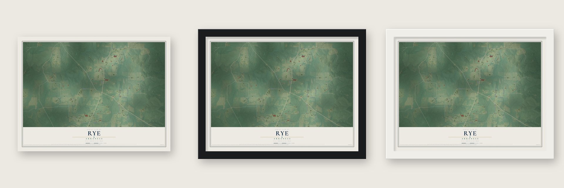 Rye, Arkansas map unframed, in a black wood frame and in a white wood frame