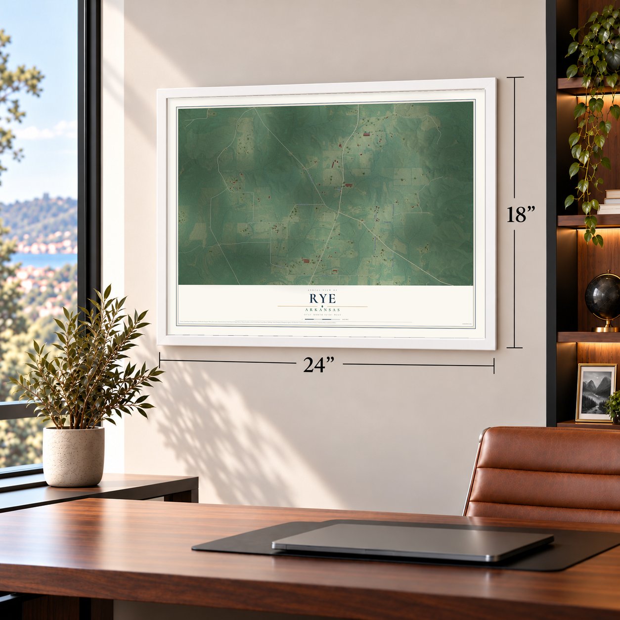 Rye, Arkansas map, 18 x 24 inch print in a white frame in a home office