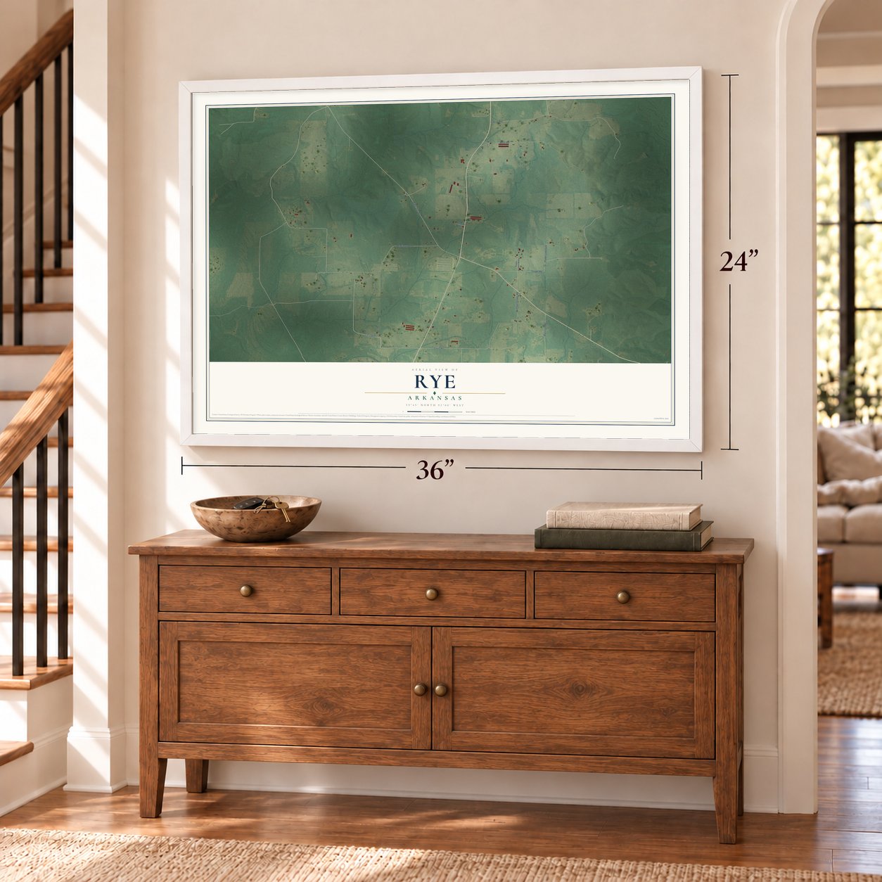 Rye, Arkansas map, 24 x 36 inch print in a white frame above a dresser by a staircase