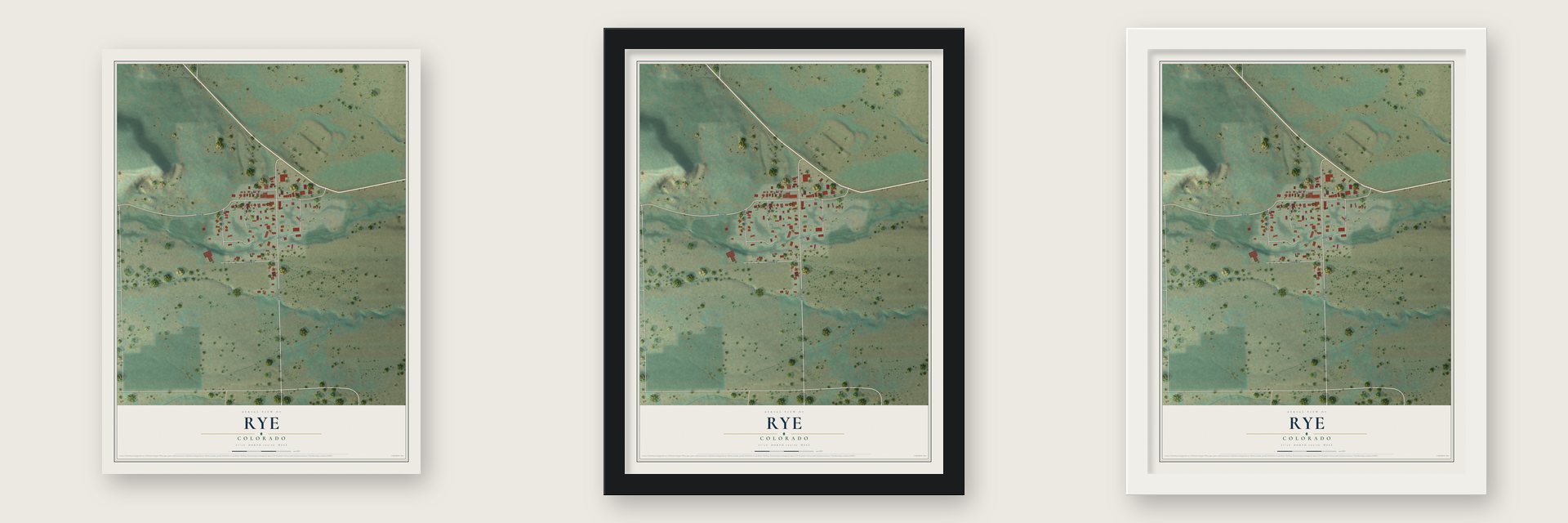 Rye, Colorado map unframed, in a black wood frame and in a white wood frame