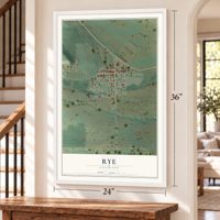 Rye, Colorado map, 24 x 36 inch print in a white frame by a staircase