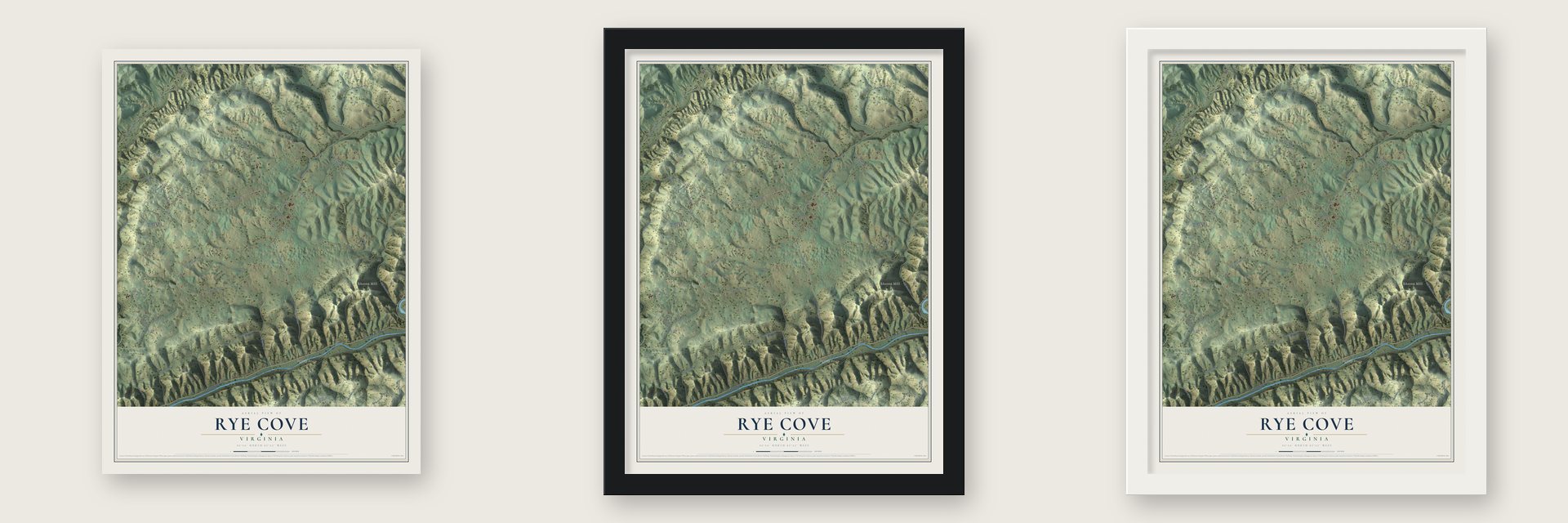 Rye Cove, Virginia map unframed, in a black wood frame and in a white wood frame
