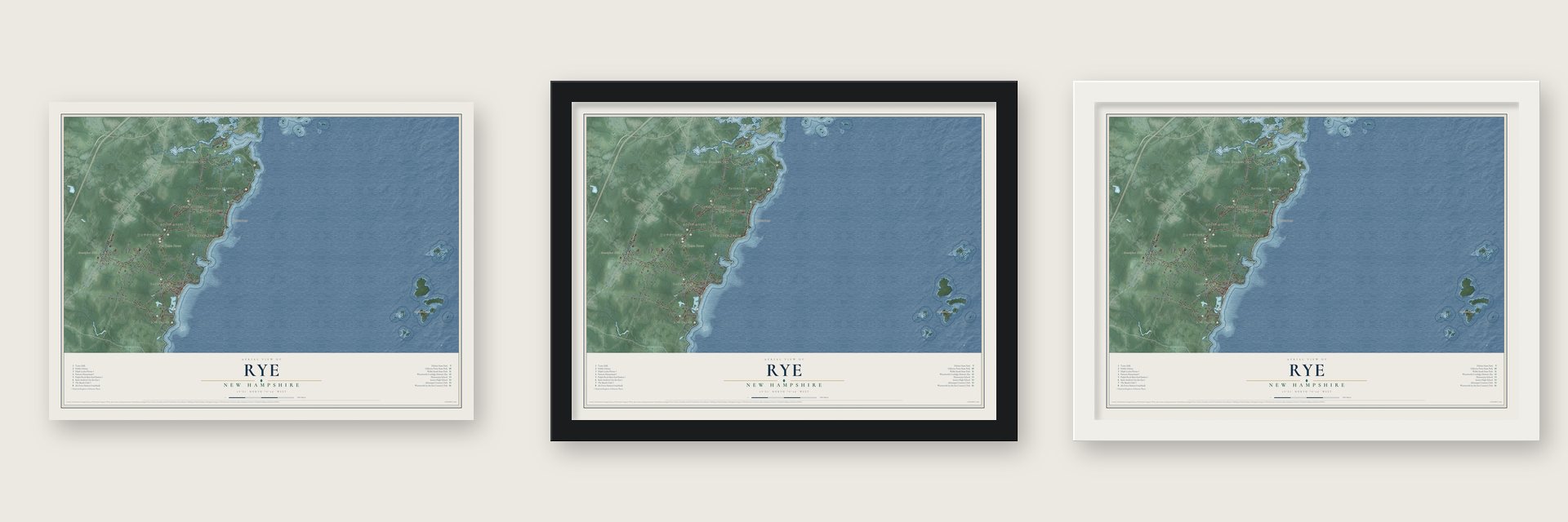 Rye, New Hampshire map unframed, in a black wood frame and in a white wood frame