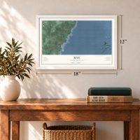 Rye, New Hampshire map, 12 x 18 inch print in a white frame in an entryway