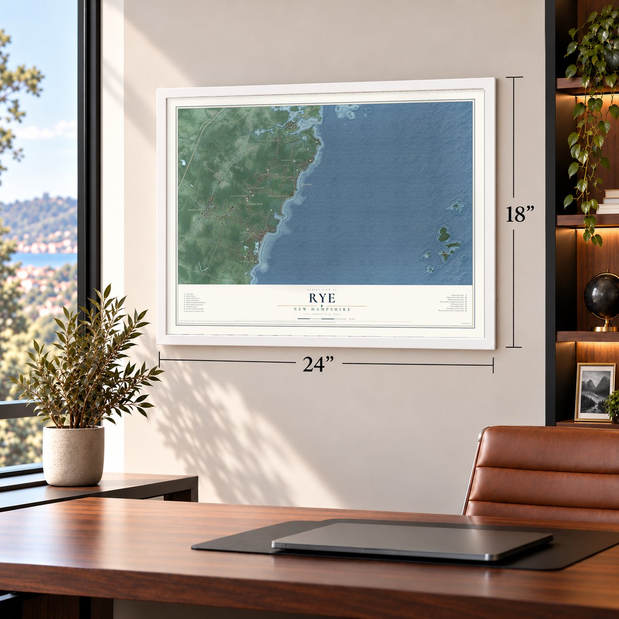 Rye, New Hampshire map, 18 x 24 inch print in a white frame in a home office