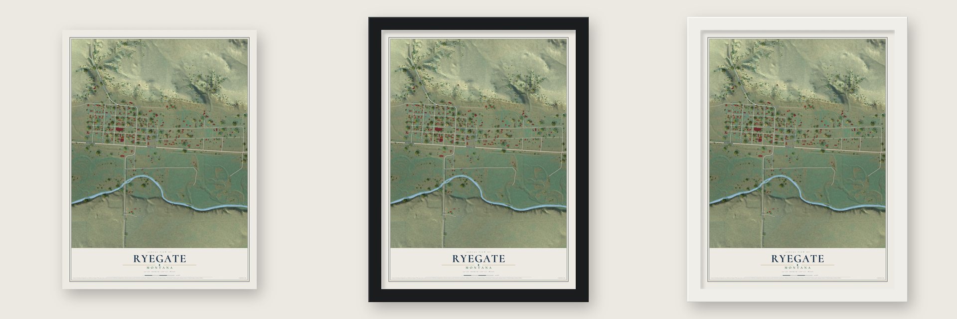 Ryegate, Montana map unframed, in a black wood frame and in a white wood frame