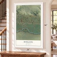 Ryegate, Montana map, 24 x 36 inch print in a white frame by a staircase