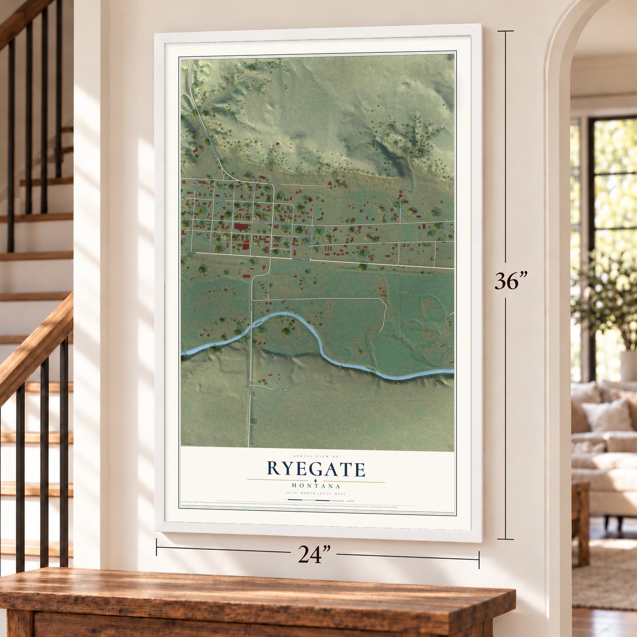 Ryegate, Montana map, 24 x 36 inch print in a white frame by a staircase