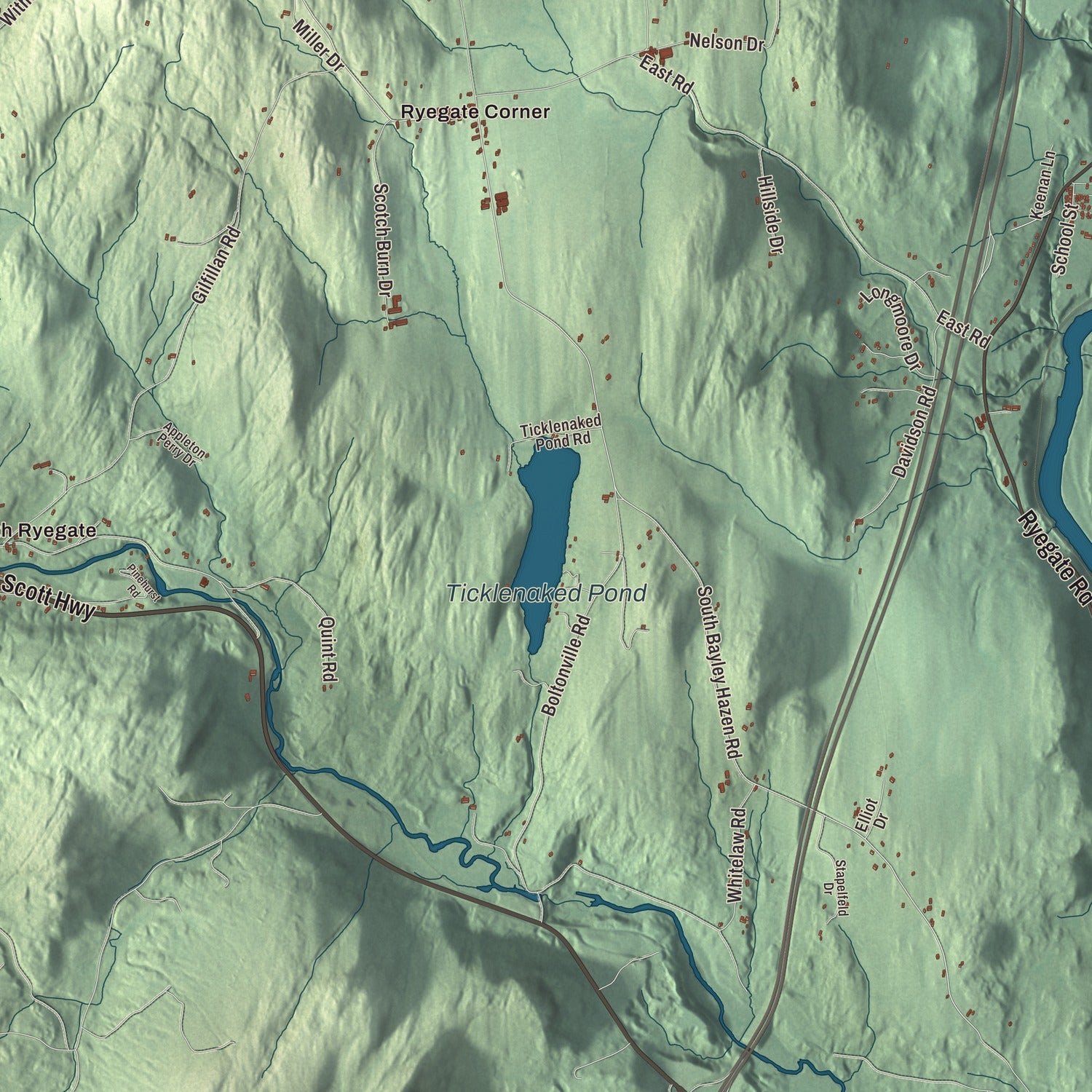 Close-up of the map of Ryegate, Vermont print showing terrain and local geography