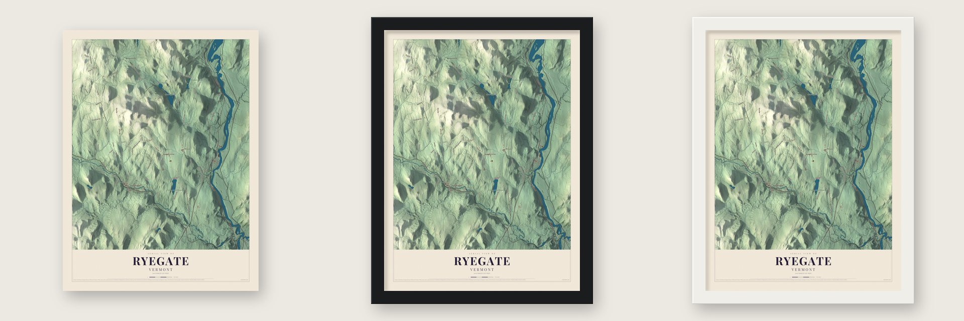 Ryegate, Vermont map unframed, in a black wood frame and in a white wood frame