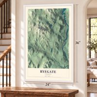 Ryegate, Vermont map, 24 x 36 inch print in a white frame by a staircase