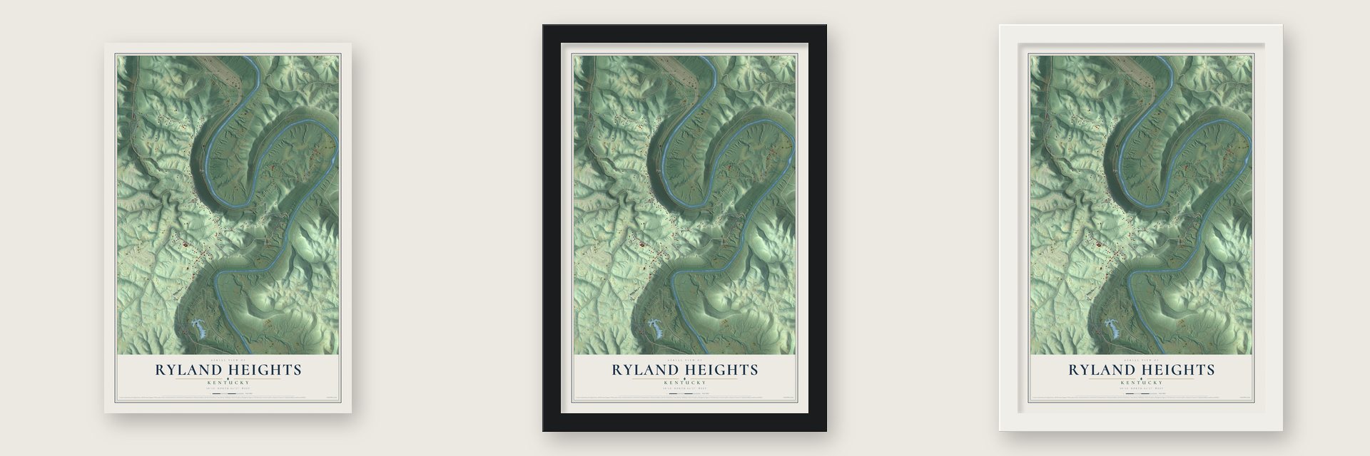 Ryland Heights, Kentucky map unframed, in a black wood frame and in a white wood frame
