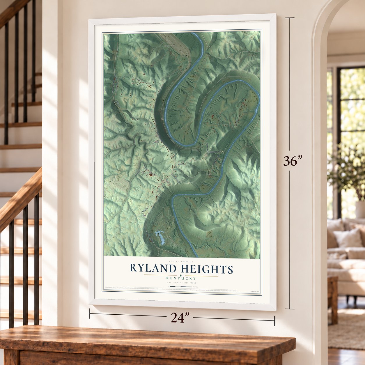 Ryland Heights, Kentucky map, 24 x 36 inch print in a white frame by a staircase