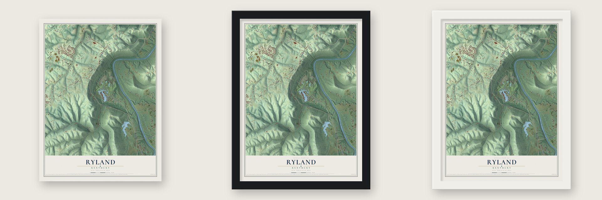 Ryland, Kentucky map unframed, in a black wood frame and in a white wood frame