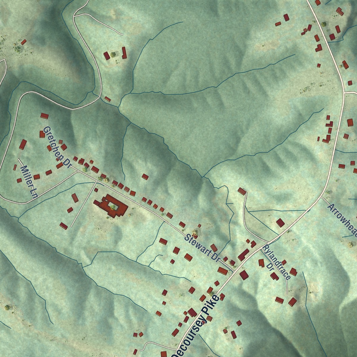 Second close-up of the map of Ryland, Kentucky print showing more streets and buildings