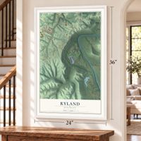 Ryland, Kentucky map, 24 x 36 inch print in a white frame by a staircase