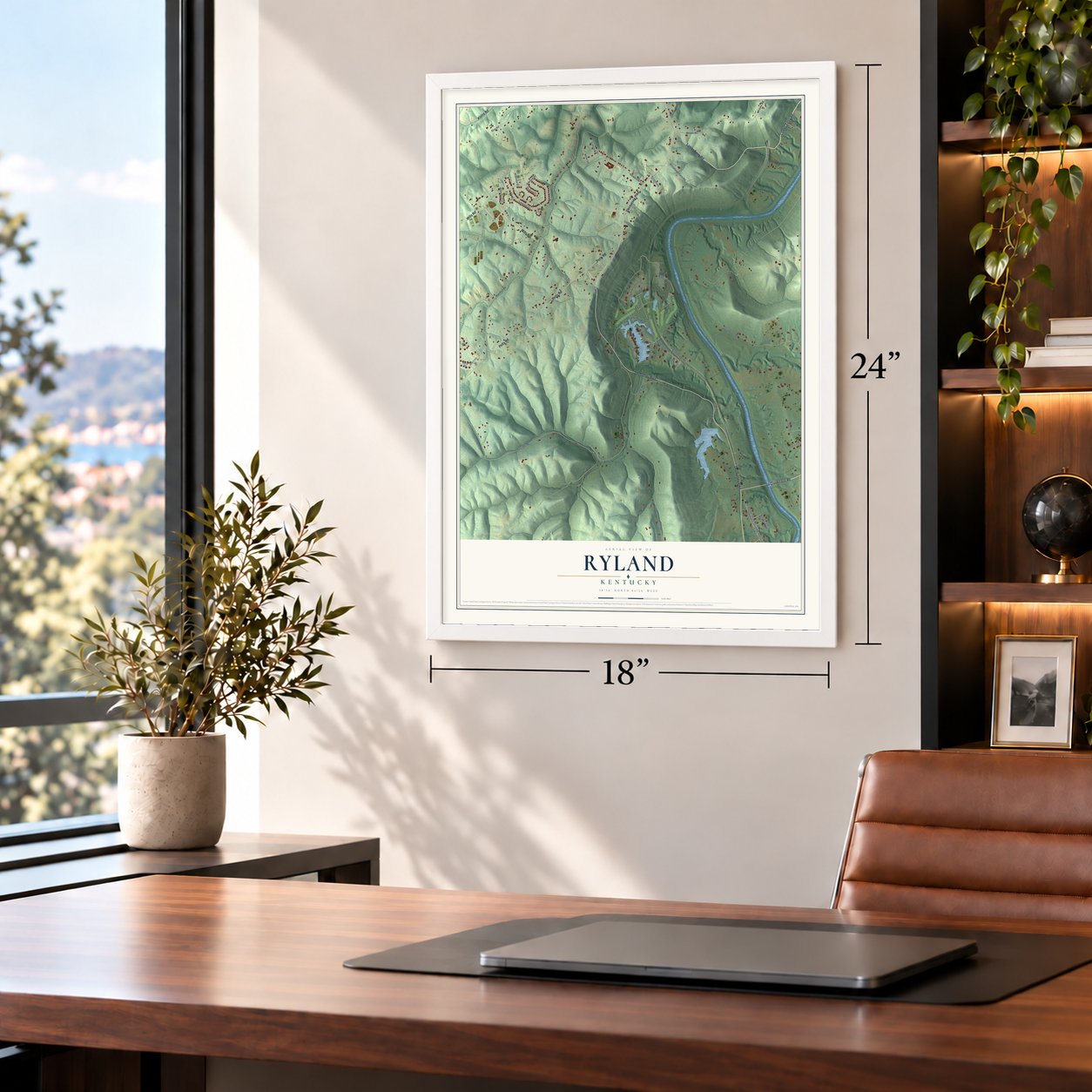 Ryland, Kentucky map, 18 x 24 inch print in a white frame in a home office