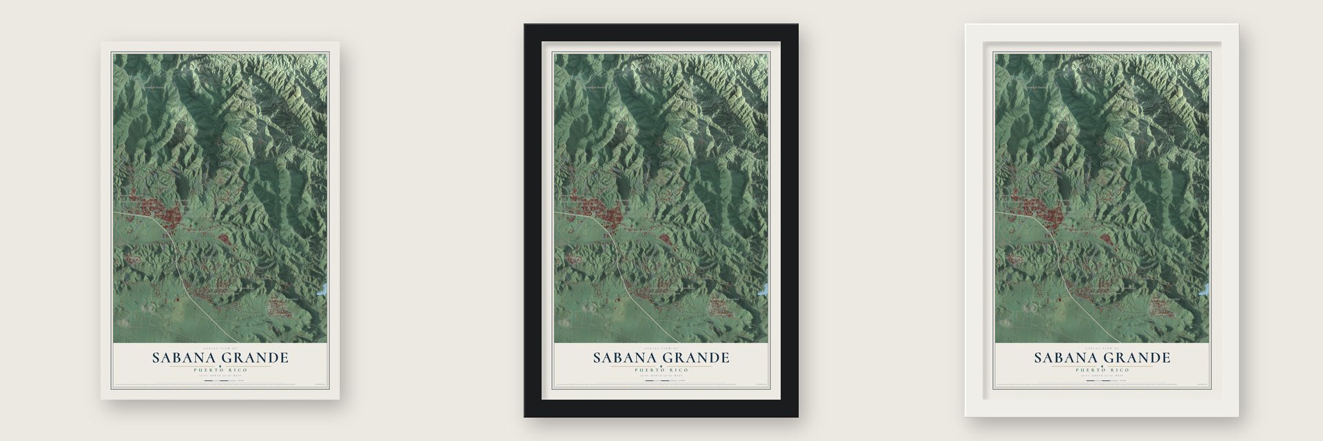 Sabana Grande, Puerto Rico map unframed, in a black wood frame and in a white wood frame