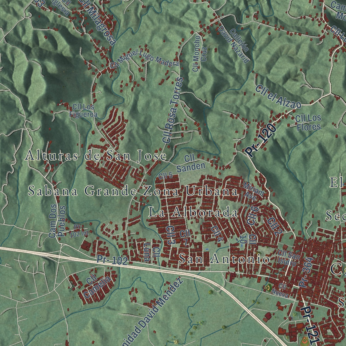 Second close-up of the map of Sabana Grande, Puerto Rico print showing more streets and buildings