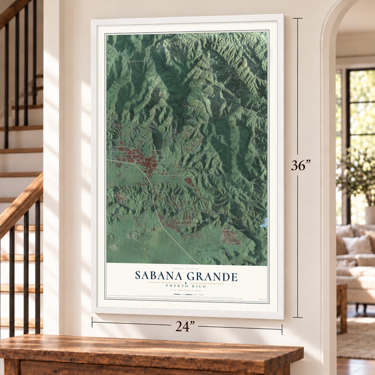 Sabana Grande, Puerto Rico map, 24 x 36 inch print in a white frame by a staircase