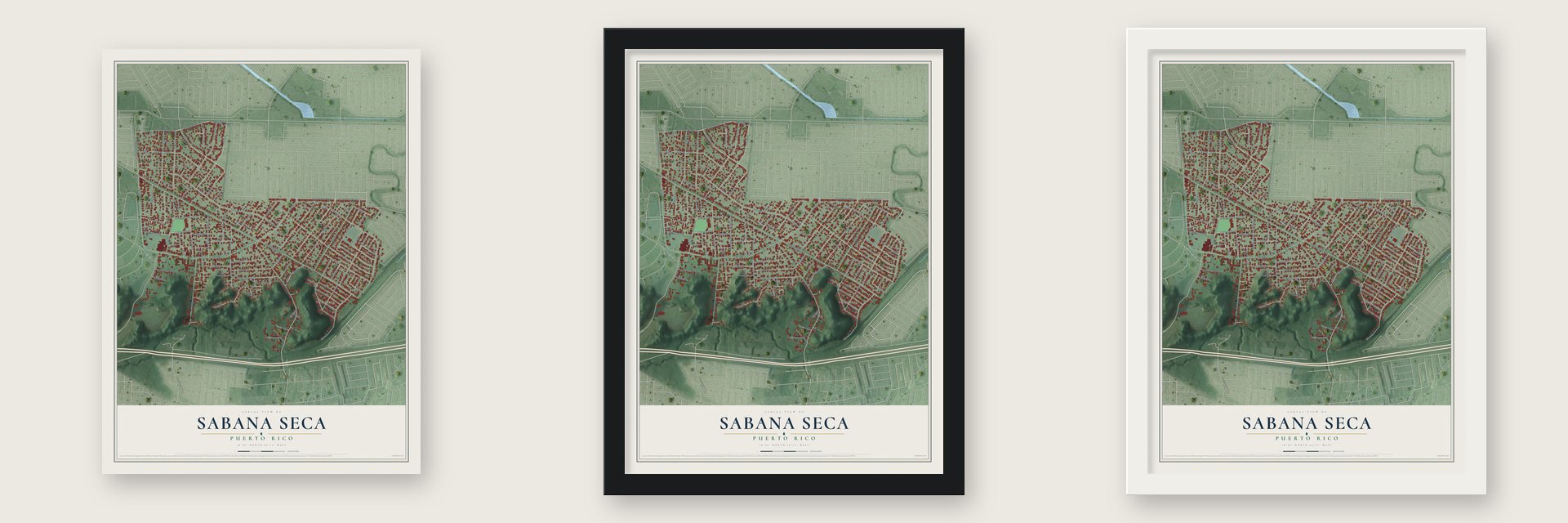 Sabana Seca, Puerto Rico map unframed, in a black wood frame and in a white wood frame