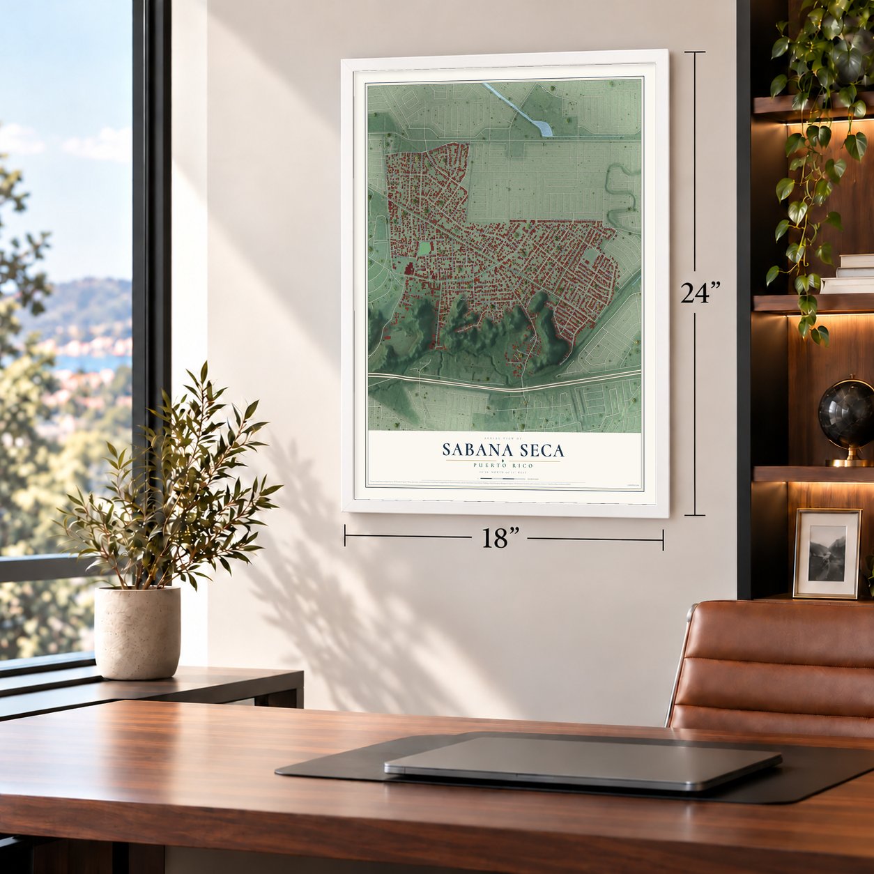 Sabana Seca, Puerto Rico map, 18 x 24 inch print in a white frame in a home office