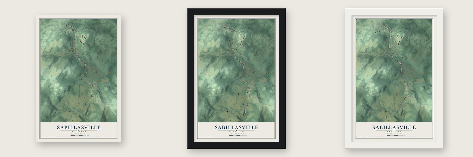 Sabillasville, Maryland map unframed, in a black wood frame and in a white wood frame