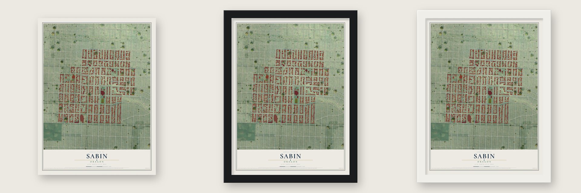 Sabin, Oregon map unframed, in a black wood frame and in a white wood frame