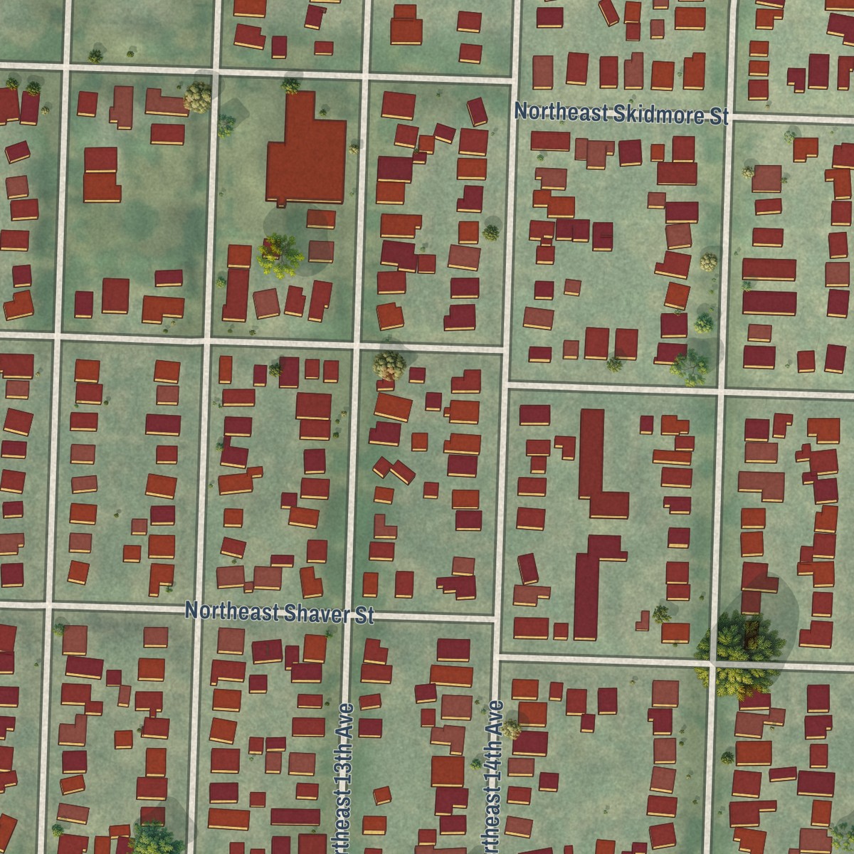 Second close-up of the map of Sabin, Oregon print showing more streets and buildings