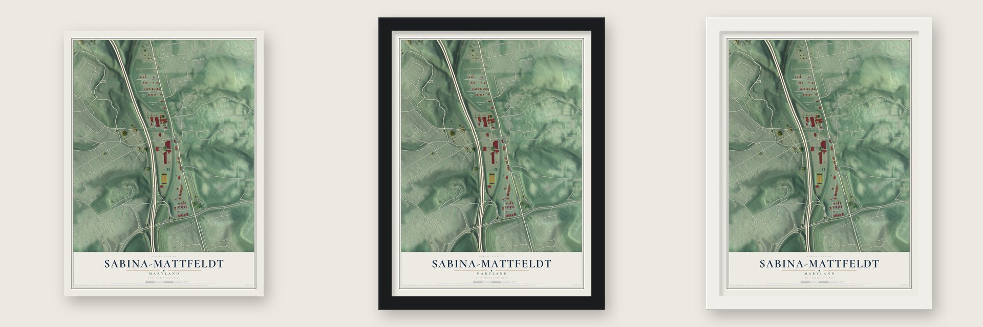 Sabina-Mattfeldt, Maryland map unframed, in a black wood frame and in a white wood frame
