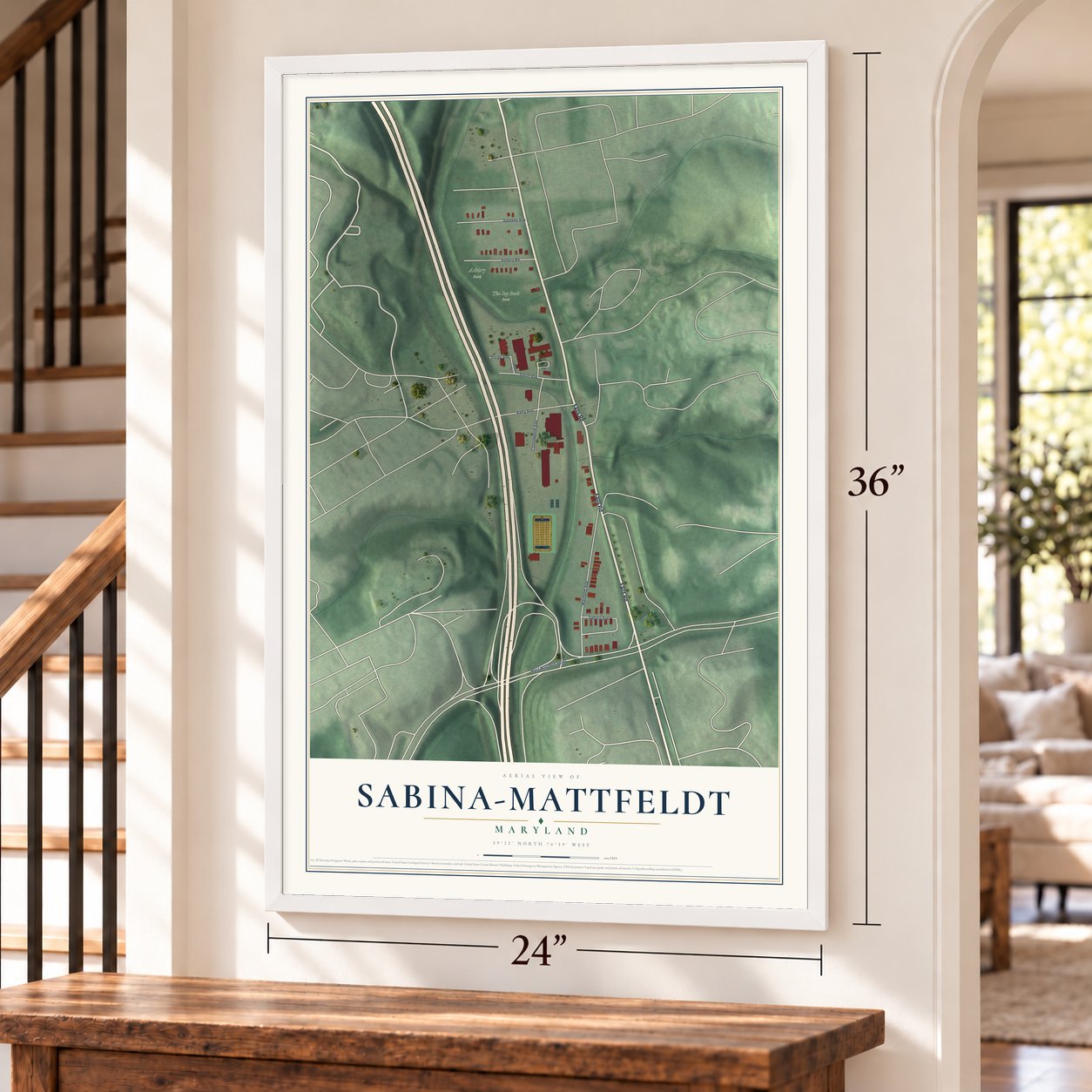 Sabina-Mattfeldt, Maryland map, 24 x 36 inch print in a white frame by a staircase