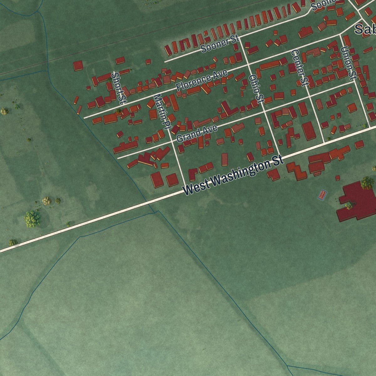 Second close-up of the map of Sabina, Ohio print showing more streets and buildings